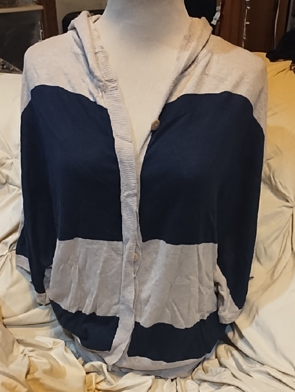 Line - Striped Navy And Beige. Hooded Cardigan